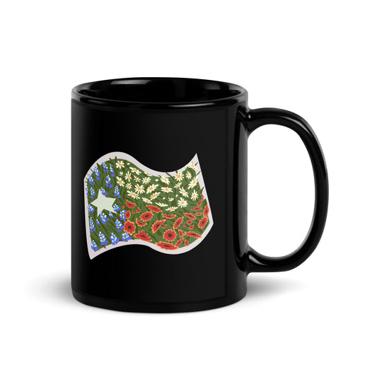 Floral Texas Flag Black Glossy Mug